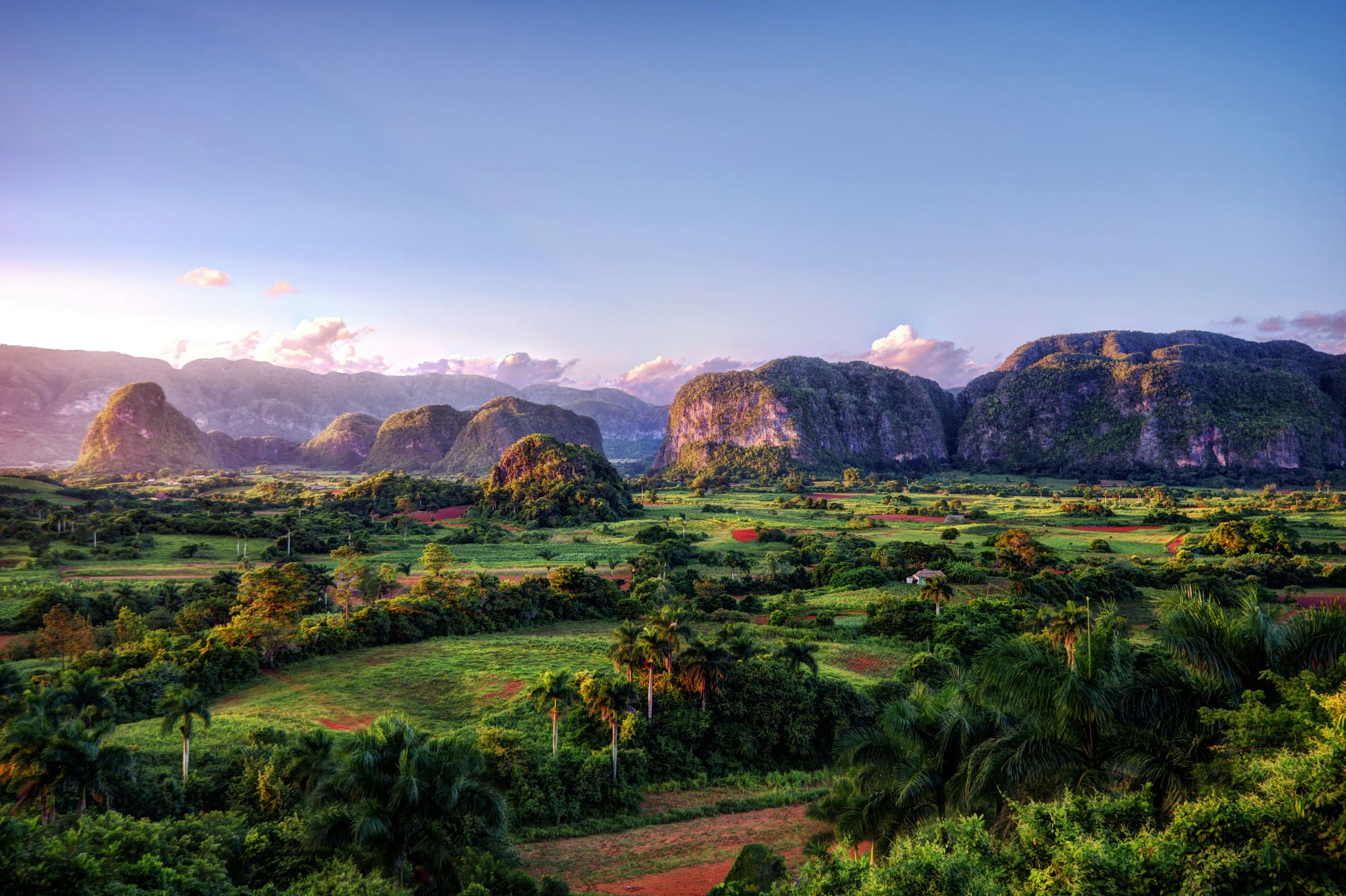 Green valley of steep, rounded limestone hills, palm trees and red-earth fields beneath a soft sunset sky.